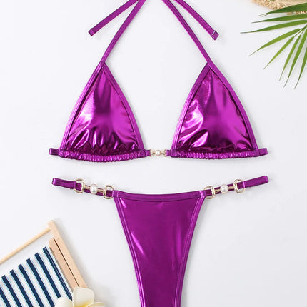 Micro Bikini Rosa Lucido da Donna, Sexy con Perle in PU, Push-Up, Perizoma, Costume da Bagno Estivo, con Lacci, per Vacanze PlatiNum