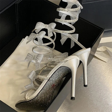 Aneikeh Elegant Pink Wedding Shoes CRYSTAL Bow High Heels Sandals Woman Summer Ankle Strap Thin High Heels Open Toed Party Shoes PlatiNum
