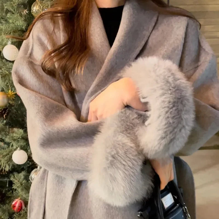 Solid Lace Up Faux Fur Sleeve Jacket Woman Elegant Mid-length V-neck Woolen Blend Coat Autumn Casual Fashion Scarf Outwear 2025