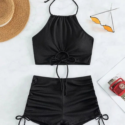 Bikini sexy a vita alta con lacci, set due pezzi da donna, costume da bagno sdoppiato, bikini da spiaggia, nuovo, per tutte le stagioni, tinta unita, senza schienale PlatiNum