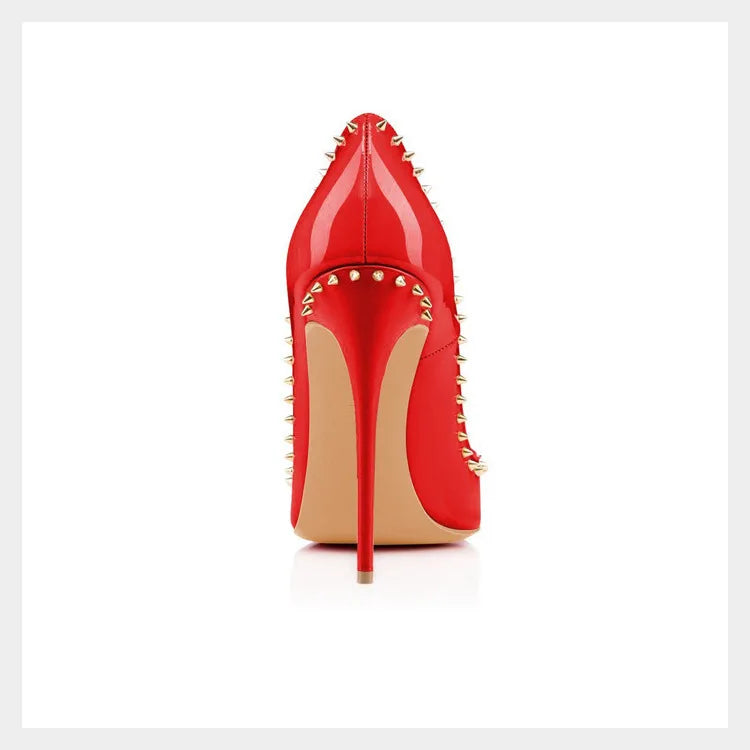 Women 12CM Stiletto Fashion Rivet High Heels Black Red Shallow Mouth Single Shoes Club Party Female Pointy Pumps Plus Size 34-45