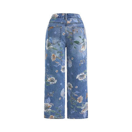 Jeans da donna con stampa Pantaloni a gamba larga Tasche a vita alta a tutta lunghezza Pantaloni dritti lavati in denim effetto consumato Casual invecchiato
