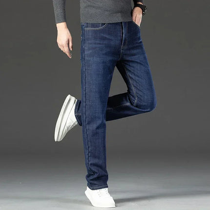 2026 Winter Thermal Stretch Jeans Men New Loose Straight Leg Casual Trousers Male Daily Commute Windproof Denim Pants