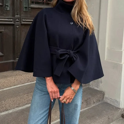 Elegant Wool Blend Cropped Coat With Belt For Women Chic Stand Collar Button Three Quarter Sleeve Jacket 2025 Autumn Outerwear