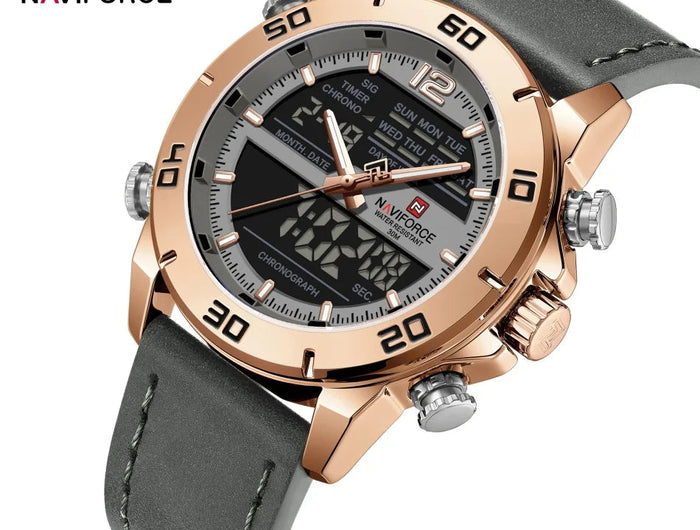 NAVIFORCE Orologio alla moda da uomo con cinturino in vera pelle Movimento al quarzo resistente all'acqua 30M Display luminoso con giorno e data F platinumshop