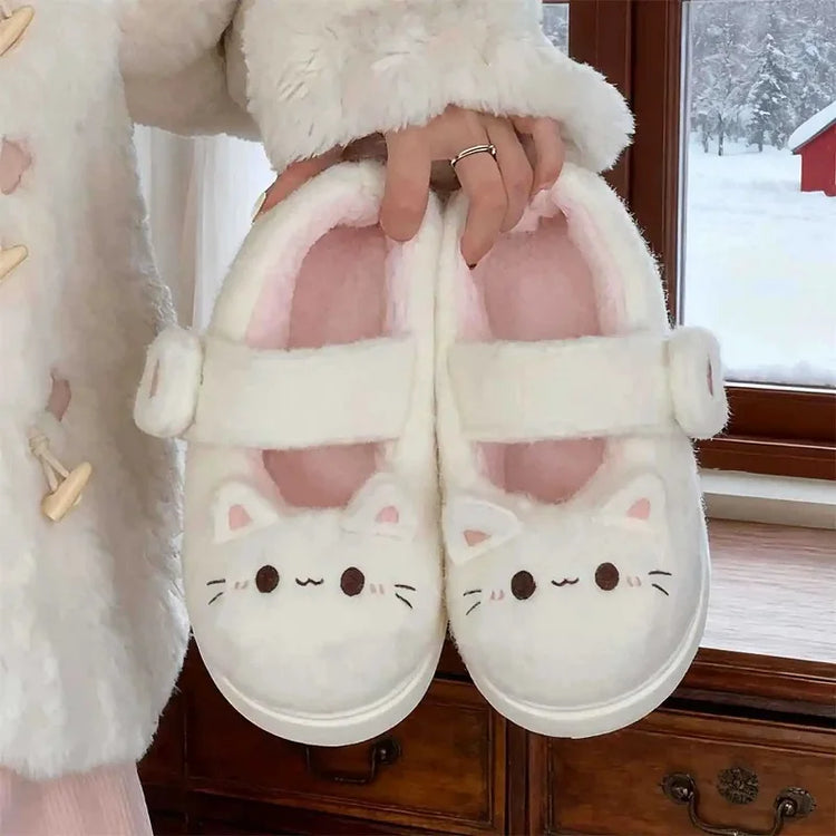 New Cute 3D Rabbit Furry Slippers Women Winter Warm Plush Closed Back House Shoes Non Slip Bunny Indoor Flip Flops Home Slipper