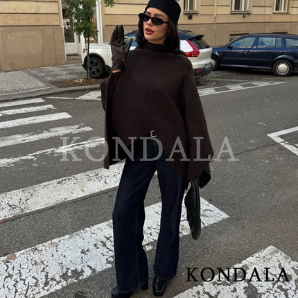 KONDALA Stand-up Collar Knitted Cape Coat High Street Casual Loose Cape 2025 Fall Winter Fashion Elegant Streetwear Lady Cape