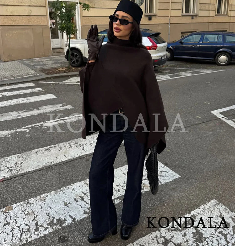 KONDALA Stand-up Collar Knitted Cape Coat High Street Casual Loose Cape 2025 Fall Winter Fashion Elegant Streetwear Lady Cape