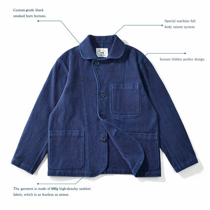 Indigo Blue Dyed Suit Jacket Heavy Sashiko Casual Japanese Retro Washed Coat Jacket