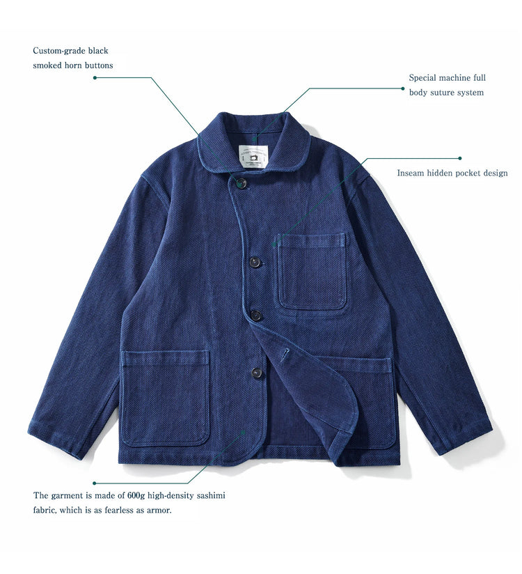 Indigo Blue Dyed Suit Jacket Heavy Sashiko Casual Japanese Retro Washed Coat Jacket