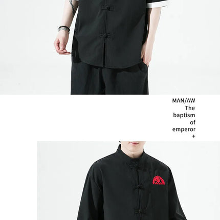 Camicie Retrò da Uomo Ricamate Stile Kung Fu Tai Chi, Camicie Casual a Maniche Corte, Stile Cinese in Lino Traspirante e Cotone per Uomo