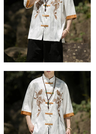 Camicia con ricamo drago dorato da uomo in seta di ghiaccio di alta qualità casual allentato a maniche corte top cardigan tradizionale kung fu retrò da uomo