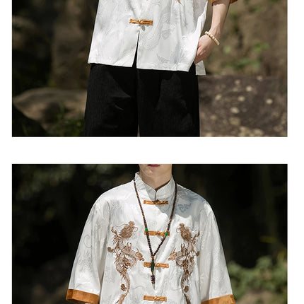 Camicia con ricamo drago dorato da uomo in seta di ghiaccio di alta qualità casual allentato a maniche corte top cardigan tradizionale kung fu retrò da uomo