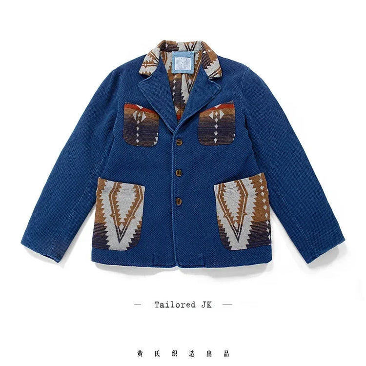 Men's Indigo Multi Pockets Jacket French Retro Blue Dye Lapel Thick Workwear Tooling Cardigan Coat plus Size for Autumn Winter