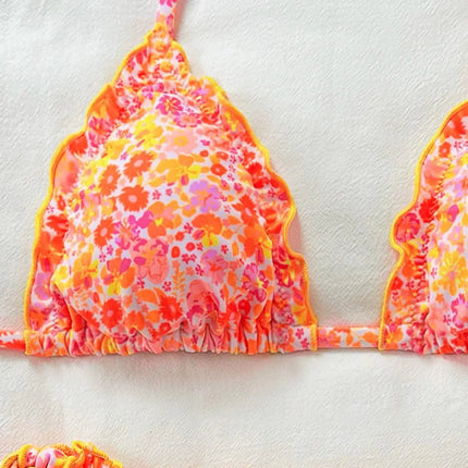 Nuovo Set Bikini Donna Estivo con Stampa Floreale Arancione, Halter con Volant, Push-Up e Perizoma con Laccetti Laterali PlatiNum