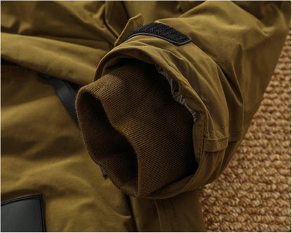 Piumino cargo imbottito in piuma d'anatra di media lunghezza retrò americano nuovo inverno con cappuccio Trench oversize spesso alla moda da uomo