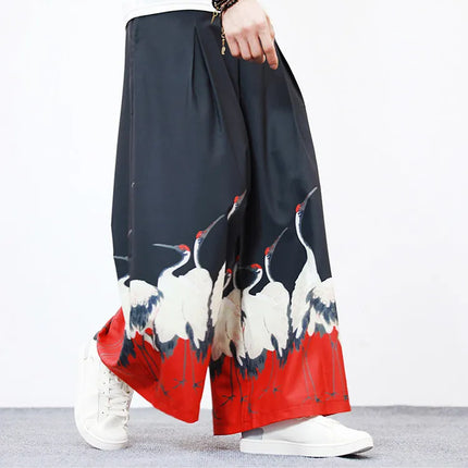 Nuovi Pantaloni da Uomo con Stampa Tradizionale a Gru, Stile Cinese Vintage, Pantaloni Harem Estivi, Pantaloni Larghi Hanfu Oversize da Uomo