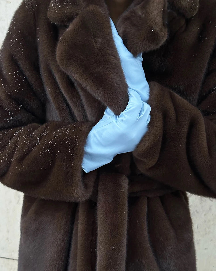 ZADORIN 110cm Long Lapel Belted Brown Faux Fur Coat Woman Elegant Mink Fur Faux Coat Fluffy Fur Jackets for Woman Winter Clothes