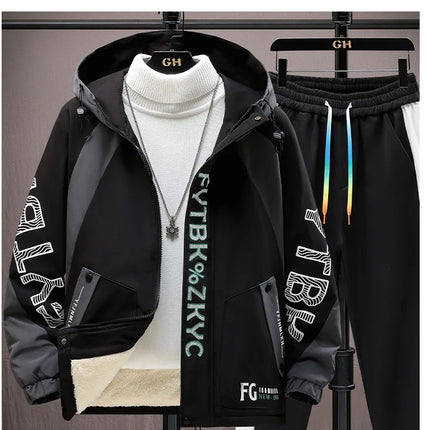 Winter Warm Hooded patchwork Jacket+Pant 2-piece Set Men Set Sports Suit Fleece Thickened Sportswear Casual Men Tracksuit