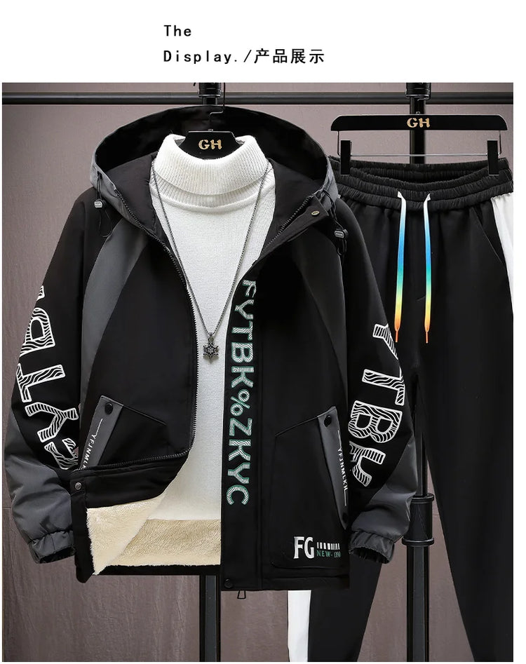 Winter Warm Hooded patchwork Jacket+Pant 2-piece Set Men Set Sports Suit Fleece Thickened Sportswear Casual Men Tracksuit