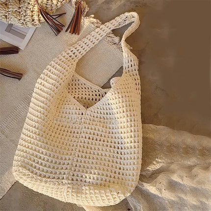 Crochet Crossbody Bag Hollow Beach Leisure Handbag Solid Color Summer Holiday Woven Shoulder Bag