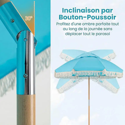 Garden Parasol with Fringes, 180cm, Wooden Parasol with 8 Sturdy Ribs, Adjustable Tilt, Automatic Opening, Bohemian Style, Blue