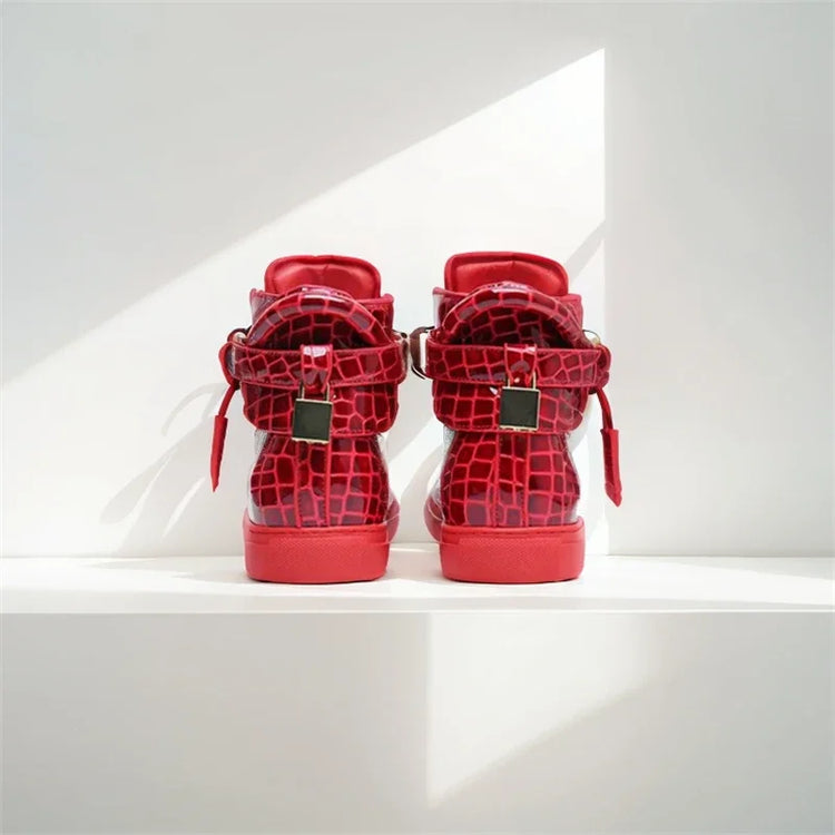 Men Red Crocodile Pattern High Top Sneakers Glossy Patent Leather Metal Buckle Lace-up Casual Shoes Streetwear Male Footwear