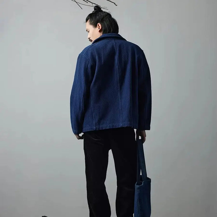 Indigo Blue Dyed Suit Jacket Heavy Sashiko Casual Japanese Retro Washed Coat Jacket