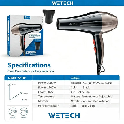 2200W Professional Hair Dryer AC100-240V Adjustable Temperature Speed Cold Shot Blow Dryer With Concentrator Nozzle Salon Home Travel Hair Styling Tool