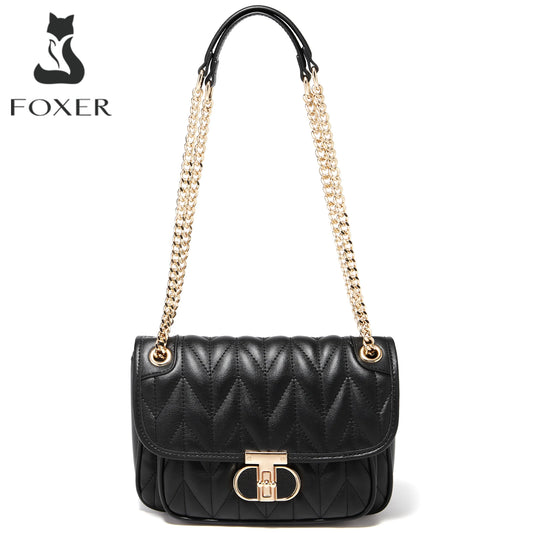 FOXER 2025 Fashion Women‘s Shoulder Bag Lady Split Leather + PU Classic Quilted Bag Chain Crossbody Handbag Valentine's Day Gif