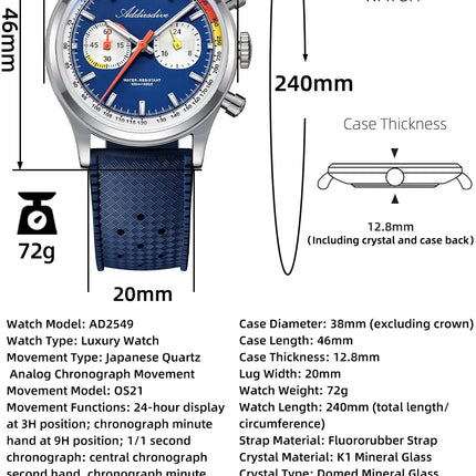 ADDIESDIVE HOT 38mm Men's Watch AD2549 BGW9 Super Luminous Fluorocarbon Rubber 10Bar Waterproof 0S21 Chronograph Quartz Watches