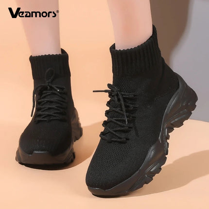 Women Casual Mesh Shoes Fashion Knitted Socks Shoes Chunky Shoes Slip-on Casual Sneakers Men Light Breathable Walking Footwear PlatiNum
