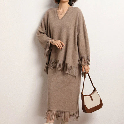 Women's Tassels Long Skirts Autumn Winter 100% Cashmere Knitwear Soft Warm Retro Casual Clothing Versatile Hide Fat Make Slim PlatiNum
