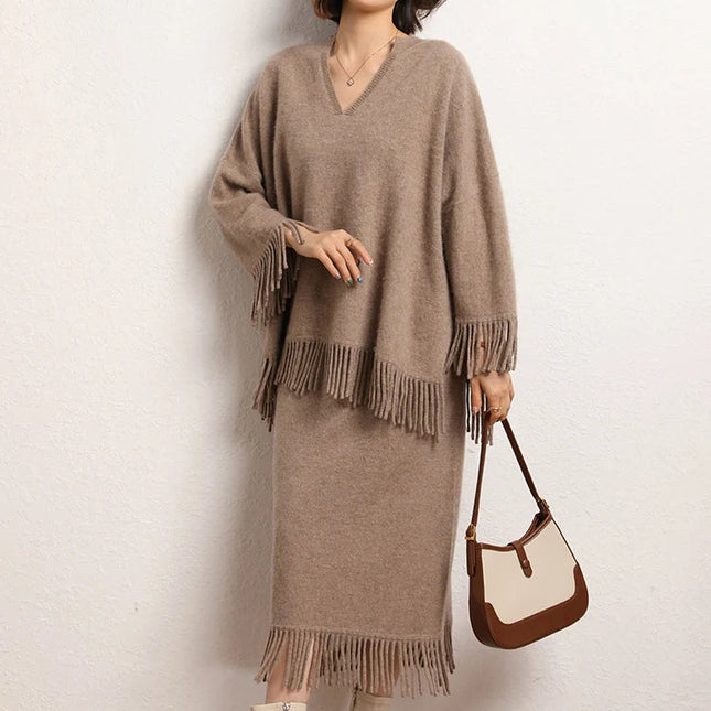 Women's Tassels Long Skirts Autumn Winter 100% Cashmere Knitwear Soft Warm Retro Casual Clothing Versatile Hide Fat Make Slim PlatiNum