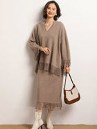 Women's Tassels Long Skirts Autumn Winter 100% Cashmere Knitwear Soft Warm Retro Casual Clothing Versatile Hide Fat Make Slim PlatiNum