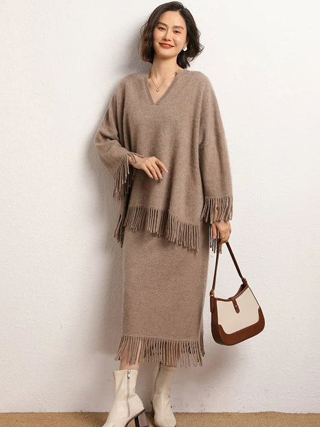 Women's Tassels Long Skirts Autumn Winter 100% Cashmere Knitwear Soft Warm Retro Casual Clothing Versatile Hide Fat Make Slim PlatiNum