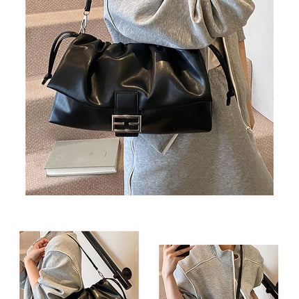 Women's Large Capacity Casual Single Shoulder Bag Soft Leather Cloud Pleated Drawstring Tote Bag Fashion Versatile Underarm Bag