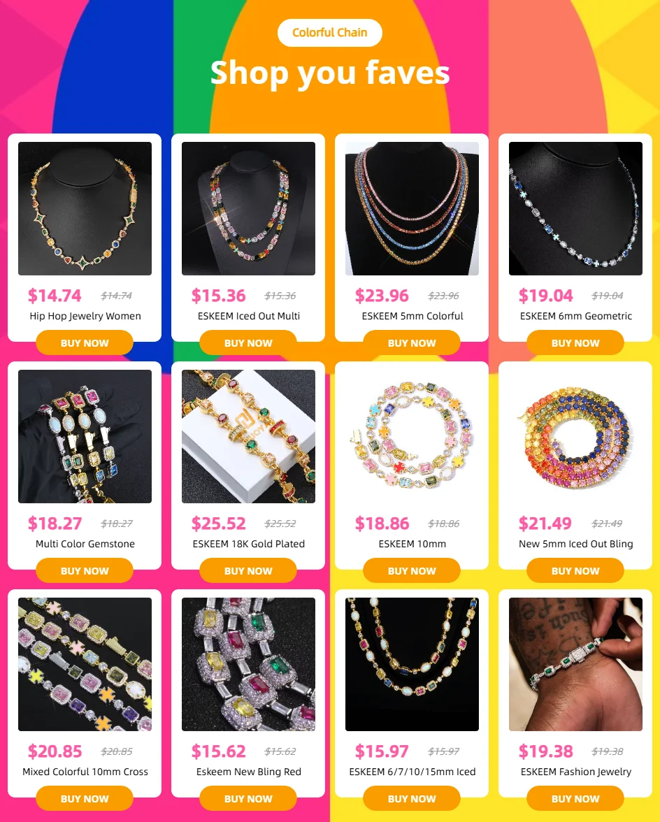 Gioielli Hip Hop Moda Zircone colorato Collana ghiacciata Bracciale a catena con pietre preziose in cristallo placcato oro bianco