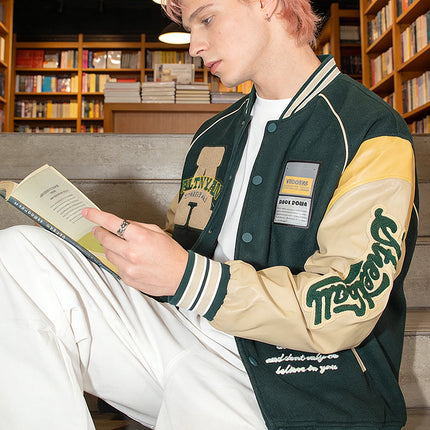 Men's Casual Varsity Jacket Motorcycle Bomber Coat Vintage Letterman Baseball Streetwear Outerwear with Faux Leather Sleeves