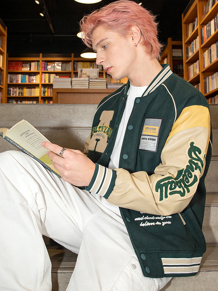 Men's Casual Varsity Jacket Motorcycle Bomber Coat Vintage Letterman Baseball Streetwear Outerwear with Faux Leather Sleeves