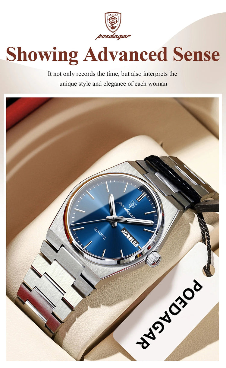 POEDAGAR Top squisito orologio da polso da donna impermeabile al quarzo luminoso orologio da donna casual data settimana orologi da donna in acciaio inossidabile platinumshop