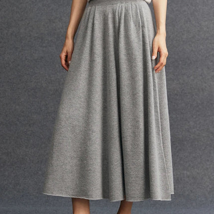 New Women's 100% Pure Cashmere Knitted Full Skirt Autumn Winter High Waisted Mid-calf Ankle-Length Soild Dress Versatile Elegant PlatiNum