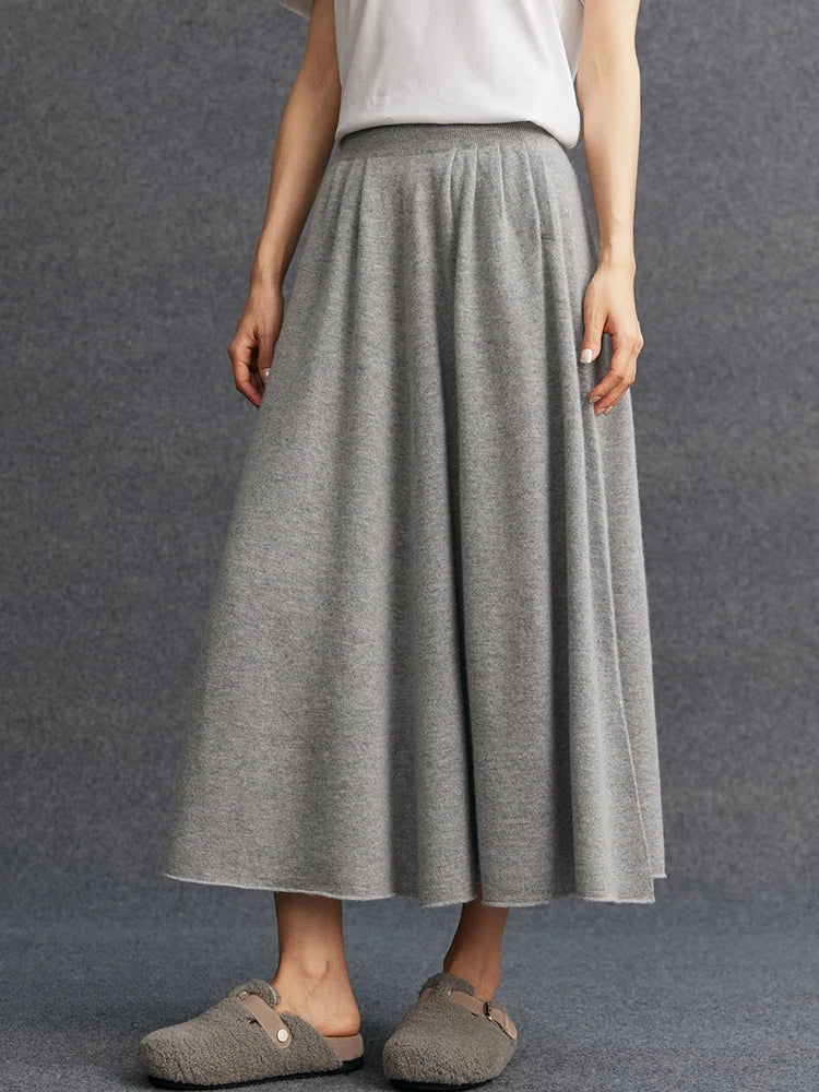 New Women's 100% Pure Cashmere Knitted Full Skirt Autumn Winter High Waisted Mid-calf Ankle-Length Soild Dress Versatile Elegant PlatiNum