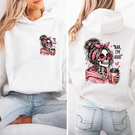 Funny Hip Hop Streetwear Fashion Gothic Hoodies Long Sleeve Vintage Sweatshirts Skeleton Love Coffee Graphic Women's Sportwear