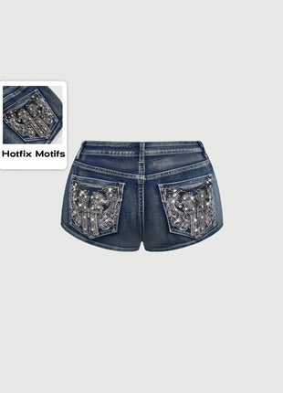 Low Rise Distressed Denim Shorts Female Jeans Womens Jeans Shorts Vintage Y2K Punk Style Embroidered Hot Pants PlatiNum