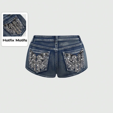 Low Rise Distressed Denim Shorts Female Jeans Womens Jeans Shorts Vintage Y2K Punk Style Embroidered Hot Pants PlatiNum