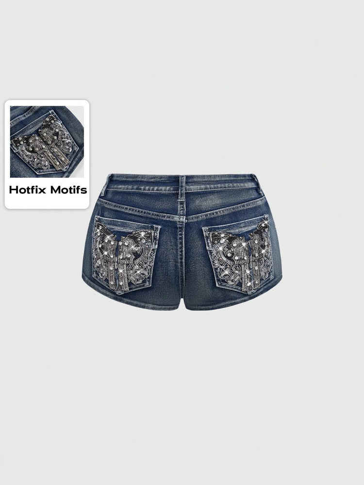Low Rise Distressed Denim Shorts Female Jeans Womens Jeans Shorts Vintage Y2K Punk Style Embroidered Hot Pants PlatiNum