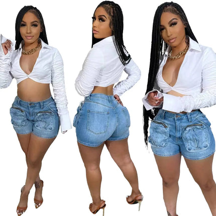 Cargo Jean Women Denim Shorts Solid Jean Spliced Pockets High Waist Distressed Washed Slim Casual Summer Zipper Fly 2026 PlatiNum