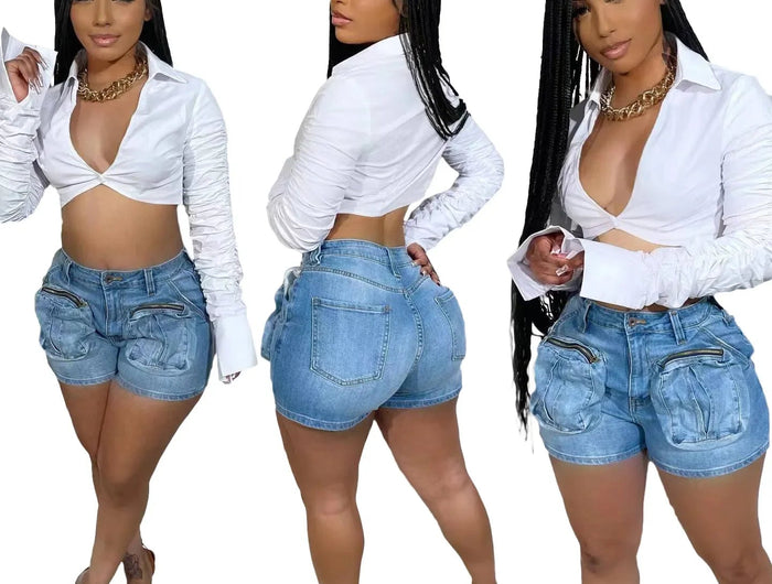 Cargo Jean Women Denim Shorts Solid Jean Spliced Pockets High Waist Distressed Washed Slim Casual Summer Zipper Fly 2026 PlatiNum