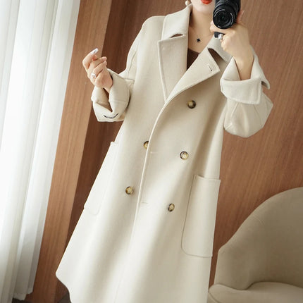Ladies' 100% Cashmere Thick Double-Sided Extended Coat, Classic, Versatile and Fashionable for Business and Leisure